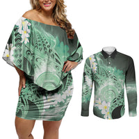 Piko Hawaiian Couples Matching Off Shoulder Short Dress and Long Sleeve Button Shirt Green Galaxy Spiral Plumeria Tribal Patterns