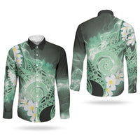 Piko Hawaiian Couples Matching Off The Shoulder Long Sleeve Dress and Long Sleeve Button Shirt Green Galaxy Spiral Plumeria Tribal Patterns