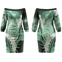 Piko Hawaiian Couples Matching Off The Shoulder Long Sleeve Dress and Long Sleeve Button Shirt Green Galaxy Spiral Plumeria Tribal Patterns