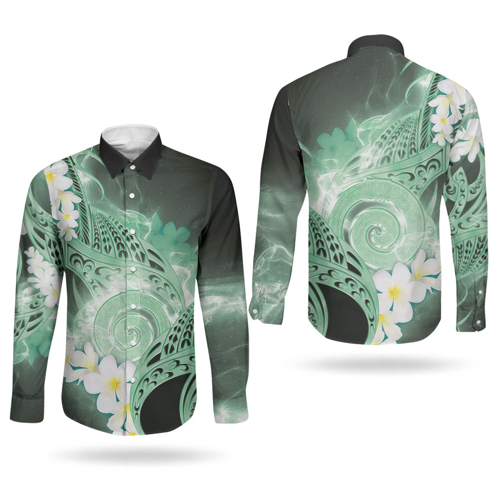 Piko Hawaiian Couples Matching Puletasi and Long Sleeve Button Shirt Green Galaxy Spiral Plumeria Tribal Patterns