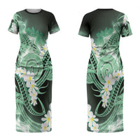 Piko Hawaiian Couples Matching Short Sleeve Bodycon Dress and Hawaiian Shirt Green Galaxy Spiral Plumeria Tribal Patterns