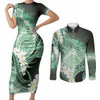 Piko Hawaiian Couples Matching Short Sleeve Bodycon Dress and Long Sleeve Button Shirt Green Galaxy Spiral Plumeria Tribal Patterns