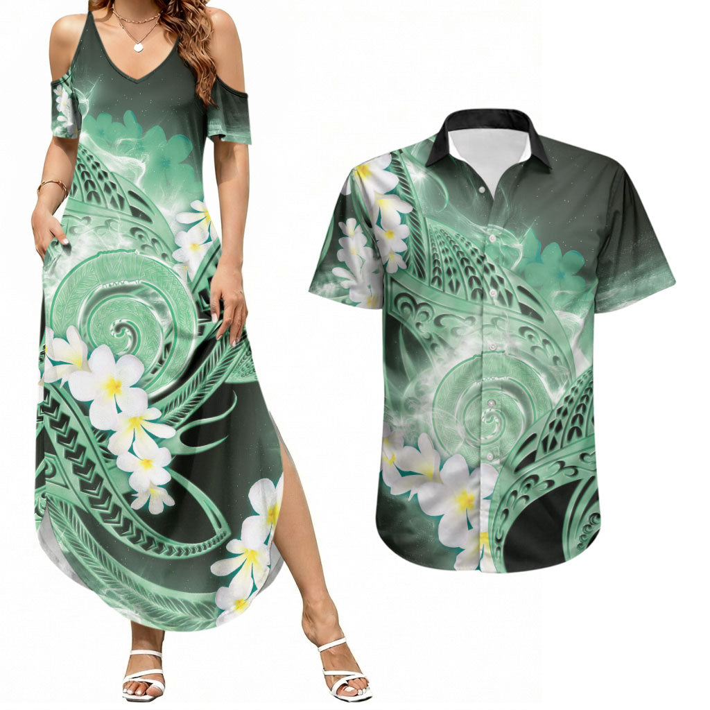Piko Hawaiian Couples Matching Summer Maxi Dress and Hawaiian Shirt Green Galaxy Spiral Plumeria Tribal Patterns