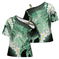 Piko Hawaiian Cross Shoulder Shirt Green Galaxy Spiral Plumeria Tribal Patterns