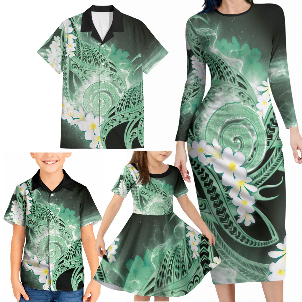 Piko Hawaiian Family Matching Long Sleeve Bodycon Dress and Hawaiian Shirt Green Galaxy Spiral Plumeria Tribal Patterns