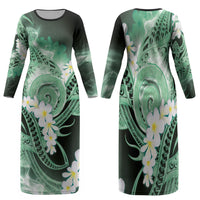 Piko Hawaiian Family Matching Long Sleeve Bodycon Dress and Hawaiian Shirt Green Galaxy Spiral Plumeria Tribal Patterns