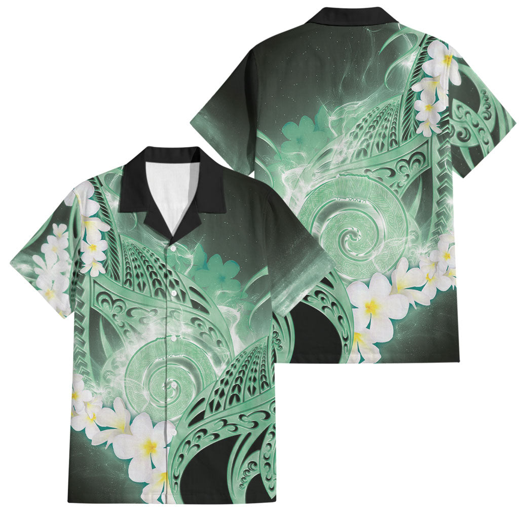 Piko Hawaiian Family Matching Long Sleeve Bodycon Dress and Hawaiian Shirt Green Galaxy Spiral Plumeria Tribal Patterns