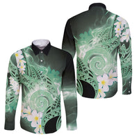 Piko Hawaiian Family Matching Long Sleeve Bodycon Dress and Hawaiian Shirt Green Galaxy Spiral Plumeria Tribal Patterns