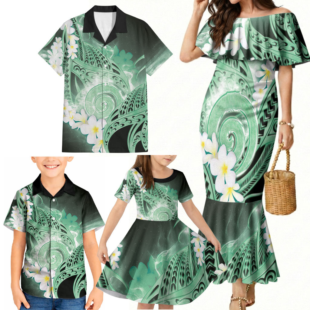Piko Hawaiian Family Matching Mermaid Dress and Hawaiian Shirt Green Galaxy Spiral Plumeria Tribal Patterns DT05 - Polynesian Pride