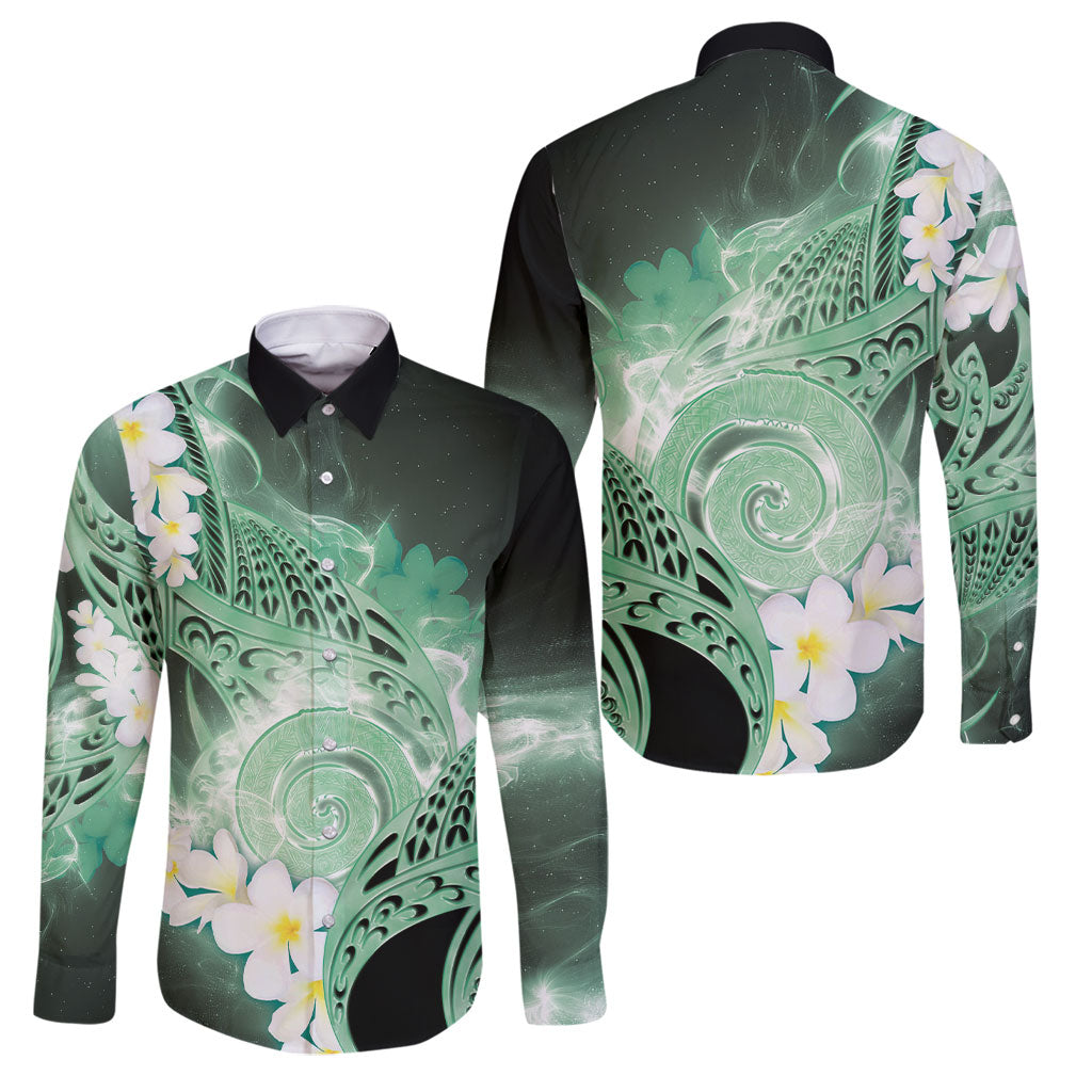 Piko Hawaiian Family Matching Mermaid Dress and Hawaiian Shirt Green Galaxy Spiral Plumeria Tribal Patterns