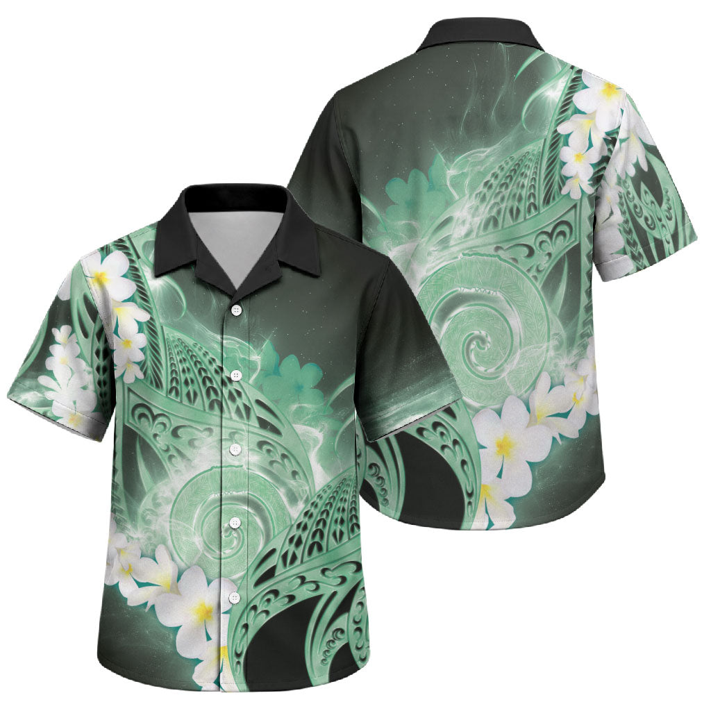 Piko Hawaiian Family Matching Mermaid Dress and Hawaiian Shirt Green Galaxy Spiral Plumeria Tribal Patterns