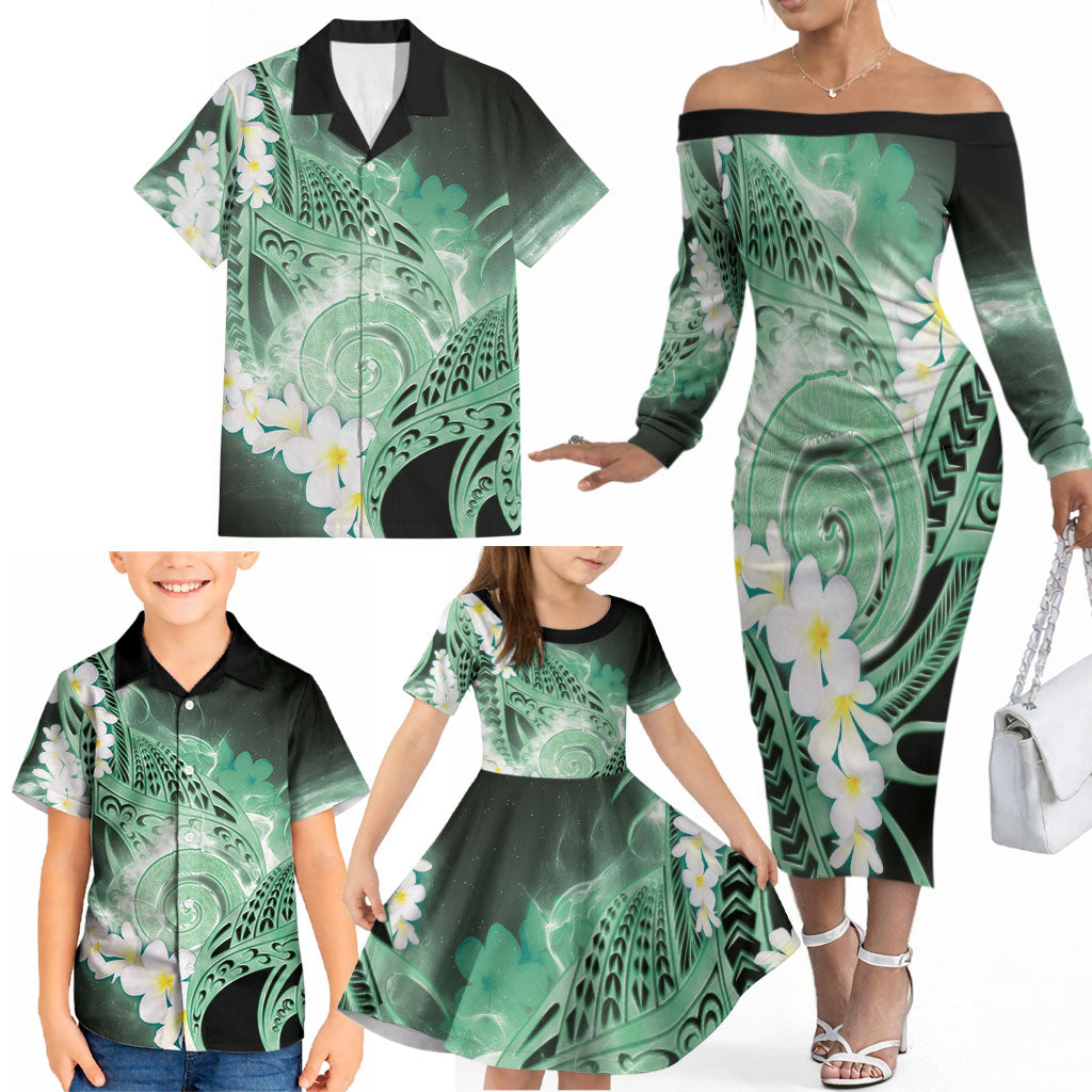 Piko Hawaiian Family Matching Off The Shoulder Long Sleeve Dress and Hawaiian Shirt Green Galaxy Spiral Plumeria Tribal Patterns DT05 - Polynesian Pride