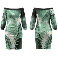 Piko Hawaiian Family Matching Off The Shoulder Long Sleeve Dress and Hawaiian Shirt Green Galaxy Spiral Plumeria Tribal Patterns