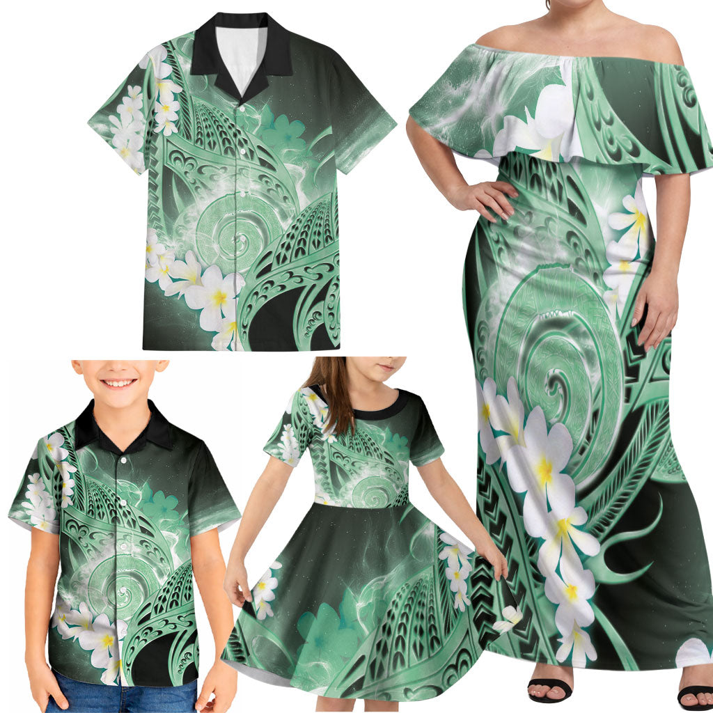 Piko Hawaiian Family Matching Off Shoulder Maxi Dress and Hawaiian Shirt Green Galaxy Spiral Plumeria Tribal Patterns DT05 - Polynesian Pride