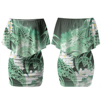 Piko Hawaiian Family Matching Off Shoulder Short Dress and Hawaiian Shirt Green Galaxy Spiral Plumeria Tribal Patterns