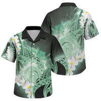 Piko Hawaiian Family Matching Off Shoulder Short Dress and Hawaiian Shirt Green Galaxy Spiral Plumeria Tribal Patterns