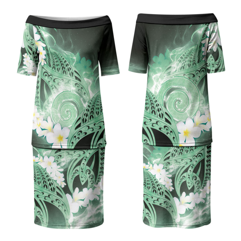 Piko Hawaiian Family Matching Puletasi and Hawaiian Shirt Green Galaxy Spiral Plumeria Tribal Patterns