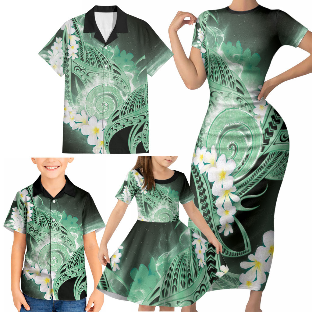Piko Hawaiian Family Matching Short Sleeve Bodycon Dress and Hawaiian Shirt Green Galaxy Spiral Plumeria Tribal Patterns
