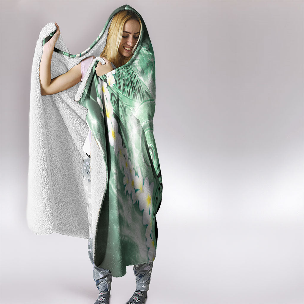 Piko Hawaiian Hooded Blanket Green Galaxy Spiral Plumeria Tribal Patterns
