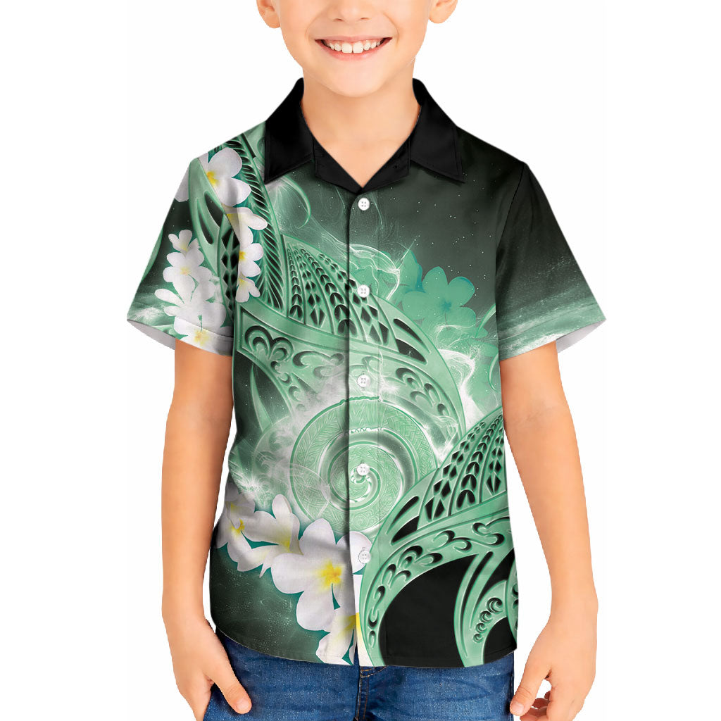 Piko Hawaiian Kid Hawaiian Shirt Green Galaxy Spiral Plumeria Tribal Patterns