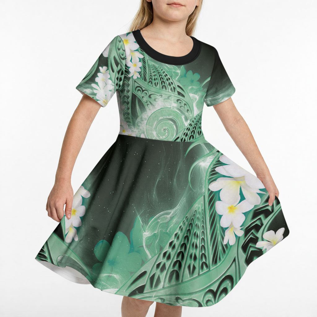 Piko Hawaiian Kid Short Sleeve Dress Green Galaxy Spiral Plumeria Tribal Patterns