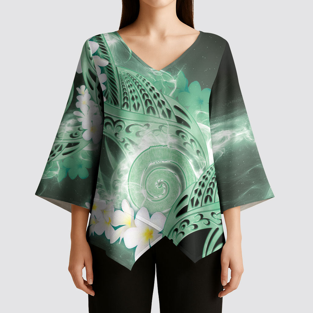 Piko Hawaiian Kimono Sleeve Blouse Green Galaxy Spiral Plumeria Tribal Patterns