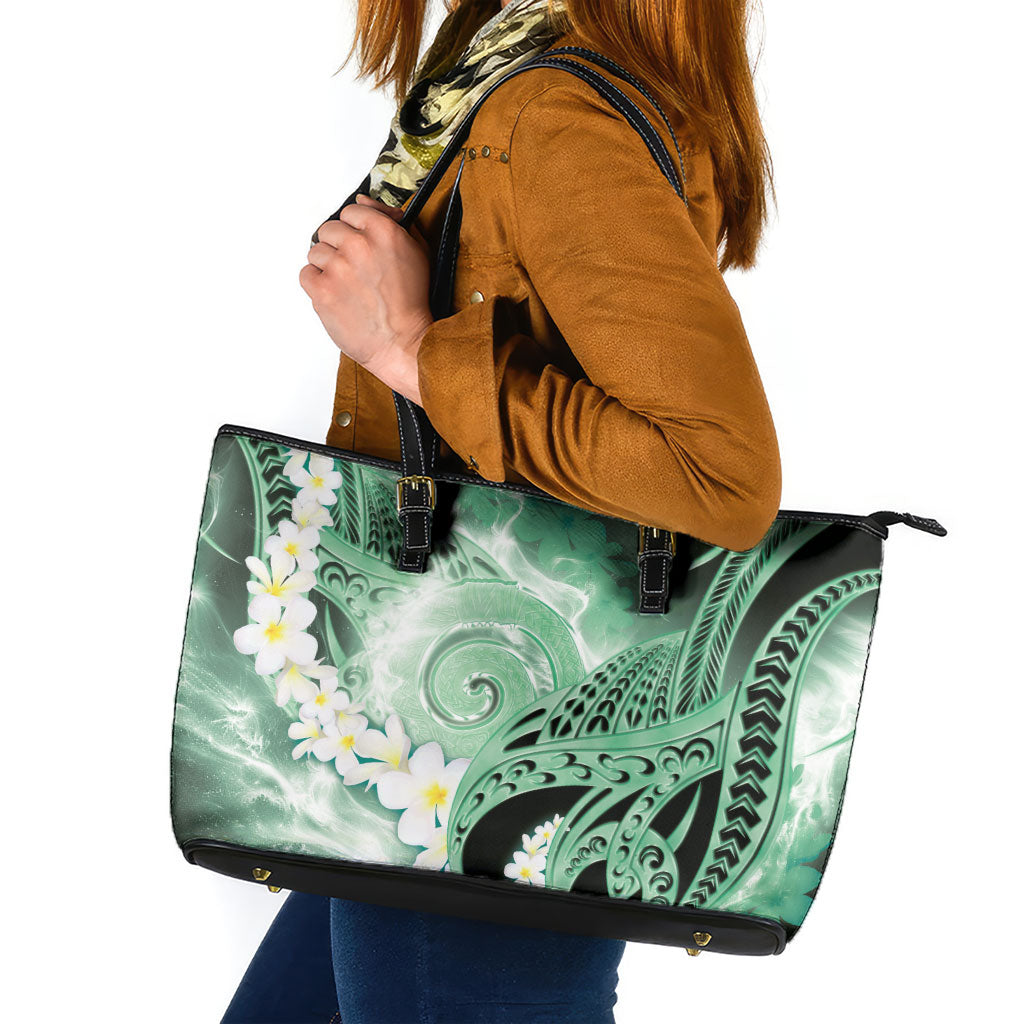 Piko Hawaiian Leather Tote Bag Green Galaxy Spiral Plumeria Tribal Patterns