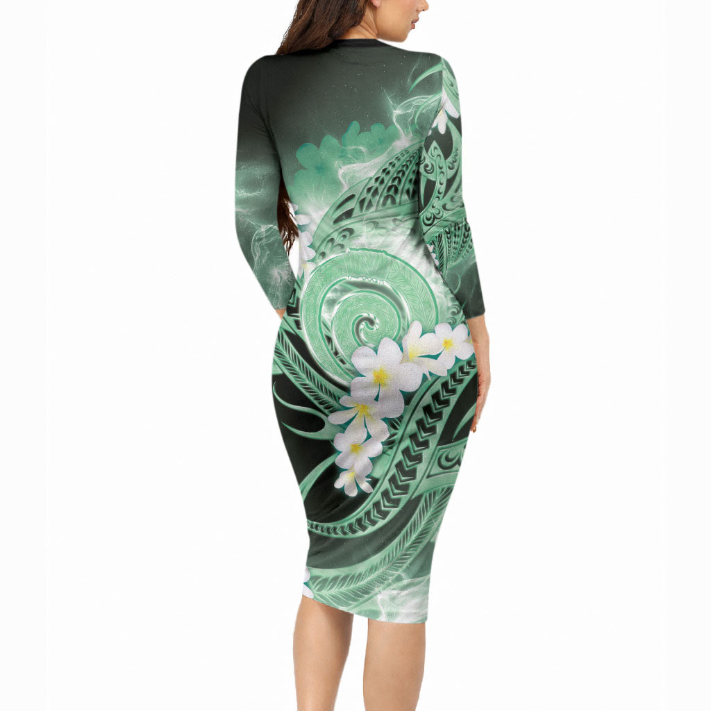 Piko Hawaiian Long Sleeve Bodycon Dress Green Galaxy Spiral Plumeria Tribal Patterns
