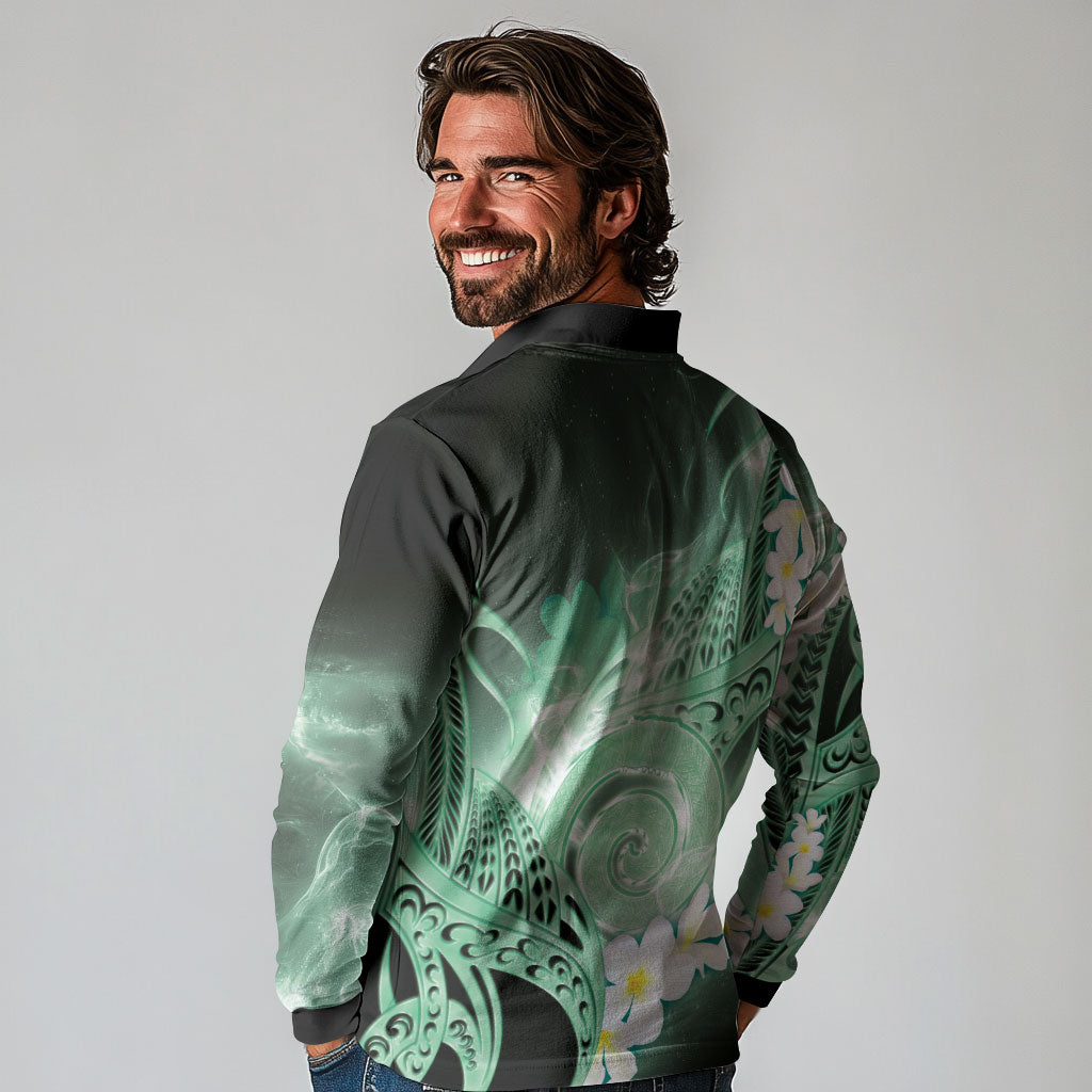 Piko Hawaiian Long Sleeve Polo Shirt Green Galaxy Spiral Plumeria Tribal Patterns