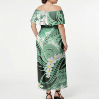 Piko Hawaiian Off Shoulder Maxi Dress Green Galaxy Spiral Plumeria Tribal Patterns
