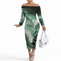 Piko Hawaiian Off The Shoulder Long Sleeve Dress Green Galaxy Spiral Plumeria Tribal Patterns