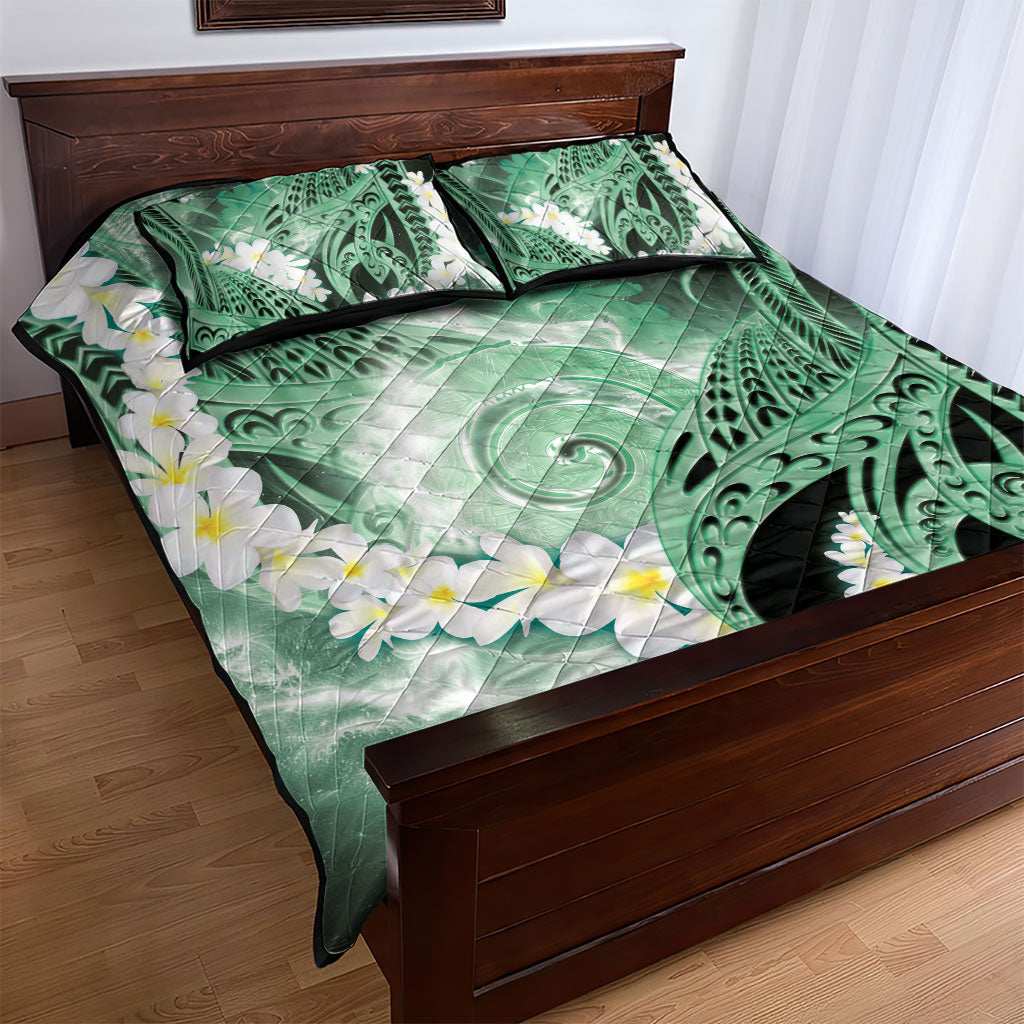 Piko Hawaiian Quilt Bed Set Green Galaxy Spiral Plumeria Tribal Patterns