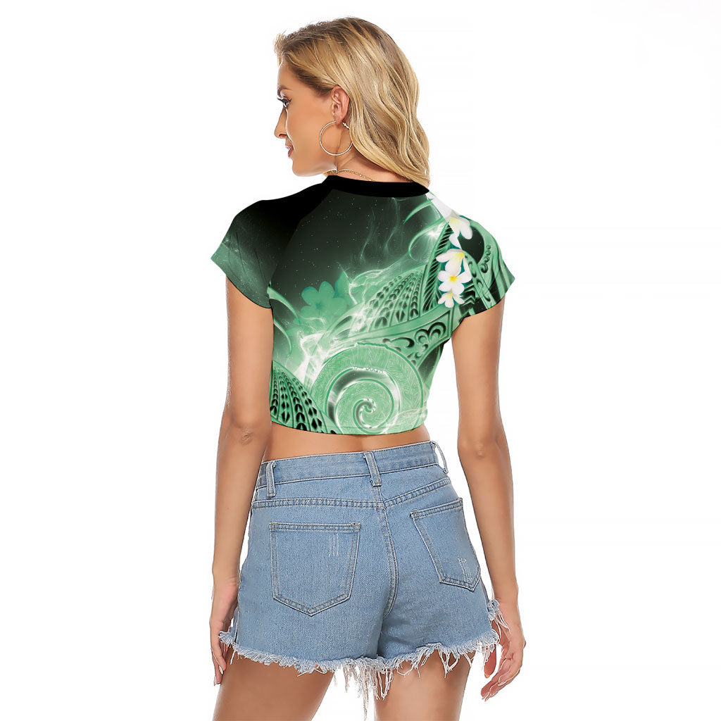 Piko Hawaiian Raglan Cropped T Shirt Green Galaxy Spiral Plumeria Tribal Patterns
