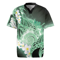 Piko Hawaiian Rugby Jersey Green Galaxy Spiral Plumeria Tribal Patterns