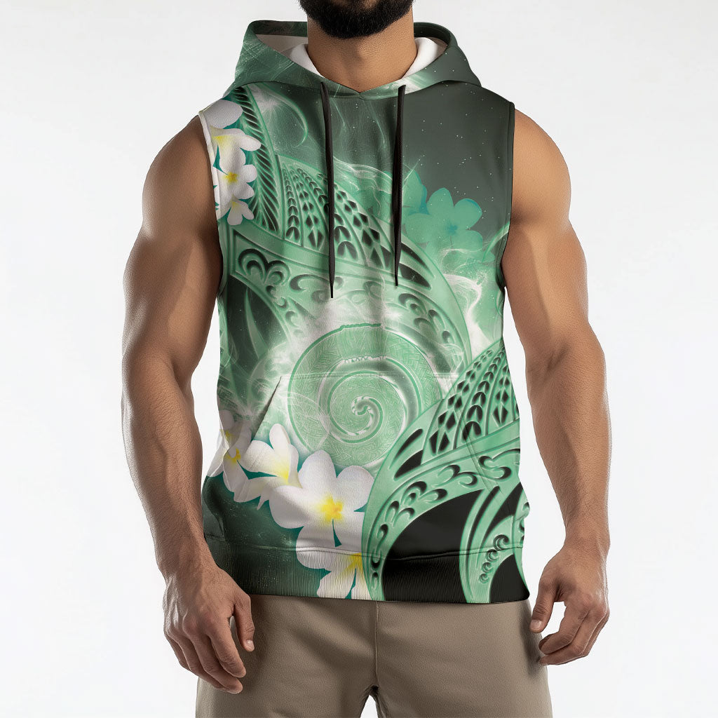 Piko Hawaiian Sleeveless Hoodie Green Galaxy Spiral Plumeria Tribal Patterns