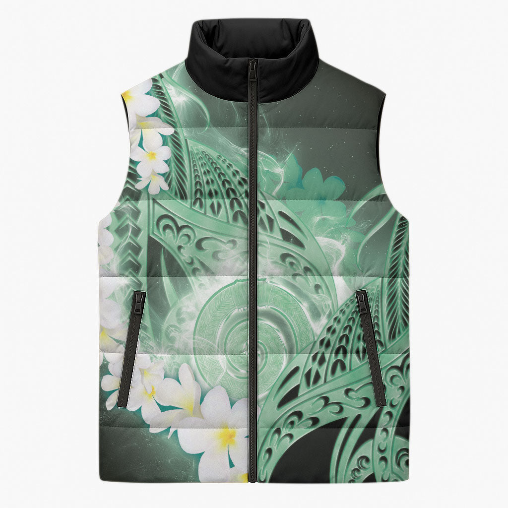Piko Hawaiian Sleeveless Puffer Jacket Green Galaxy Spiral Plumeria Tribal Patterns