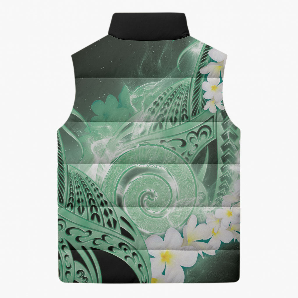 Piko Hawaiian Sleeveless Puffer Jacket Green Galaxy Spiral Plumeria Tribal Patterns