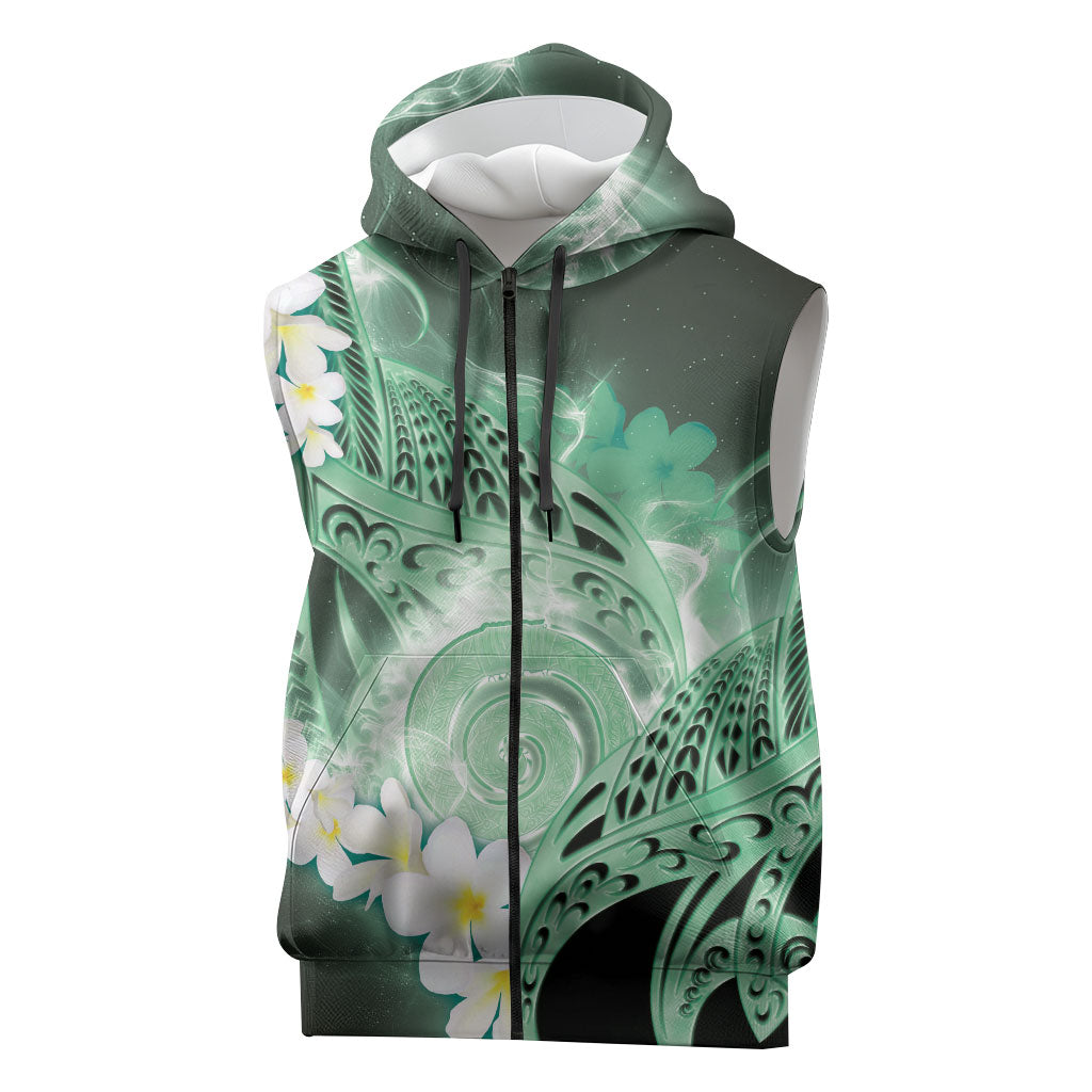 Piko Hawaiian Sleeveless Zip Hoodie Green Galaxy Spiral Plumeria Tribal Patterns