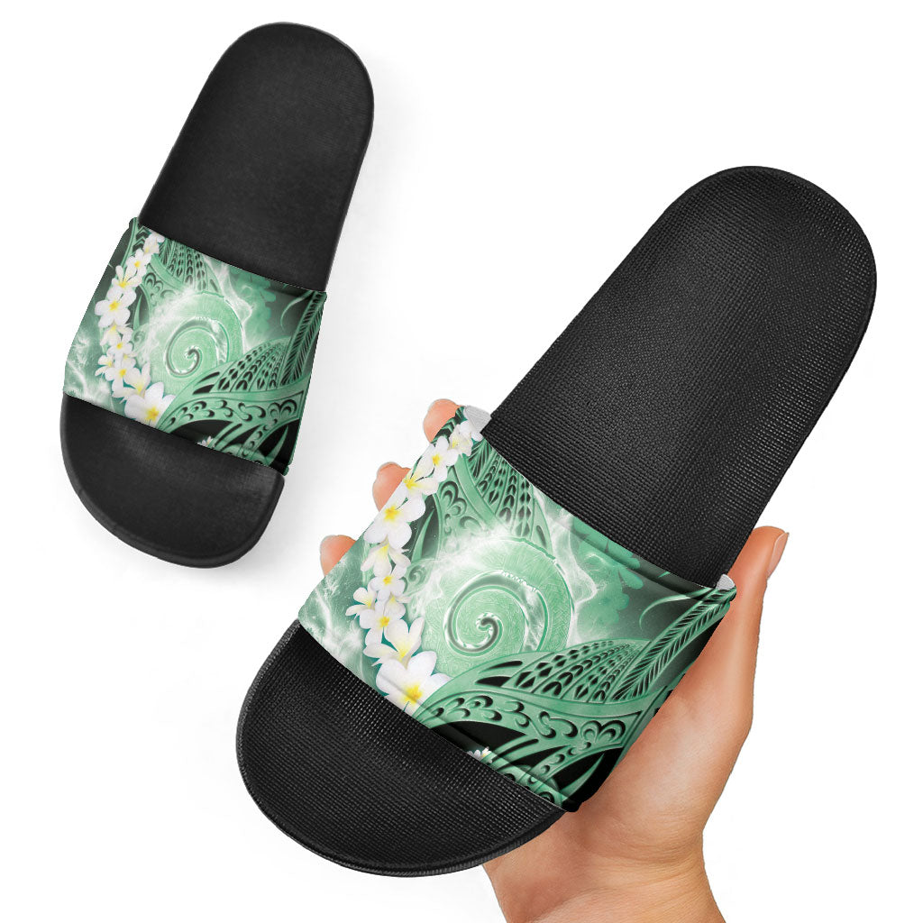 Piko Hawaiian Slide Sandals Green Galaxy Spiral Plumeria Tribal Patterns