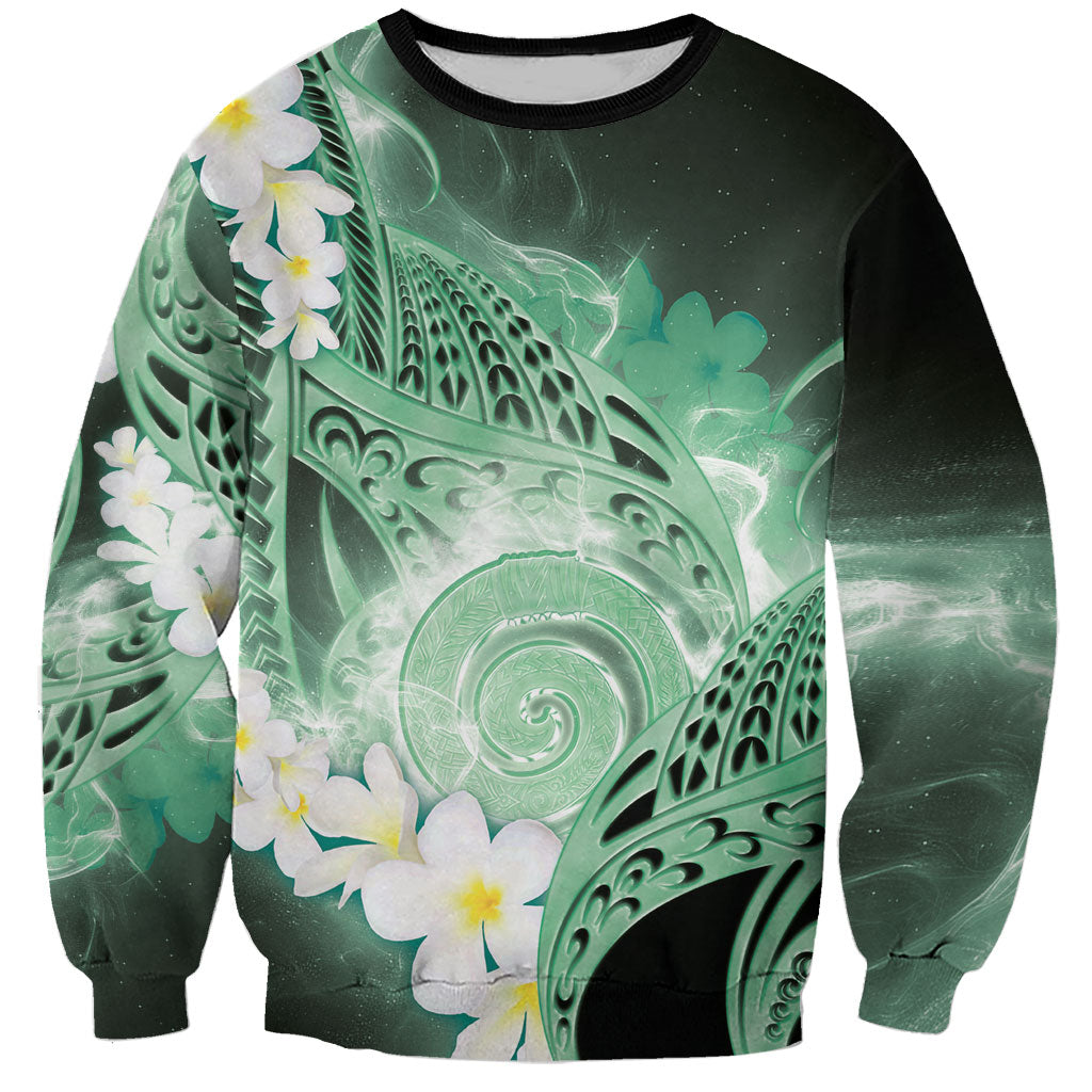 Piko Hawaiian Sweatshirt Green Galaxy Spiral Plumeria Tribal Patterns