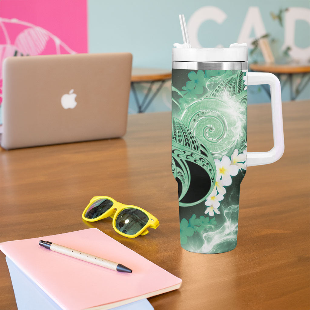 Piko Hawaiian Tumbler With Handle Green Galaxy Spiral Plumeria Tribal Patterns