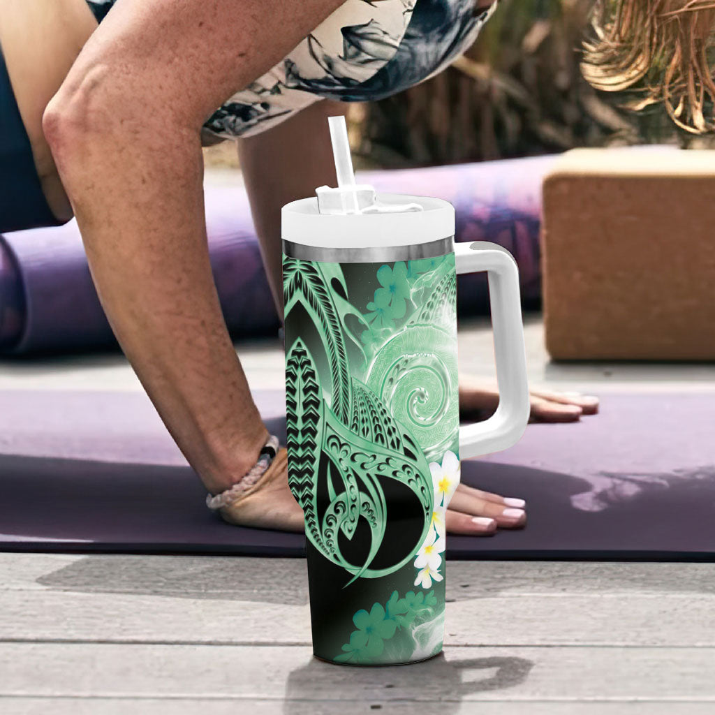 Piko Hawaiian Tumbler With Handle Green Galaxy Spiral Plumeria Tribal Patterns