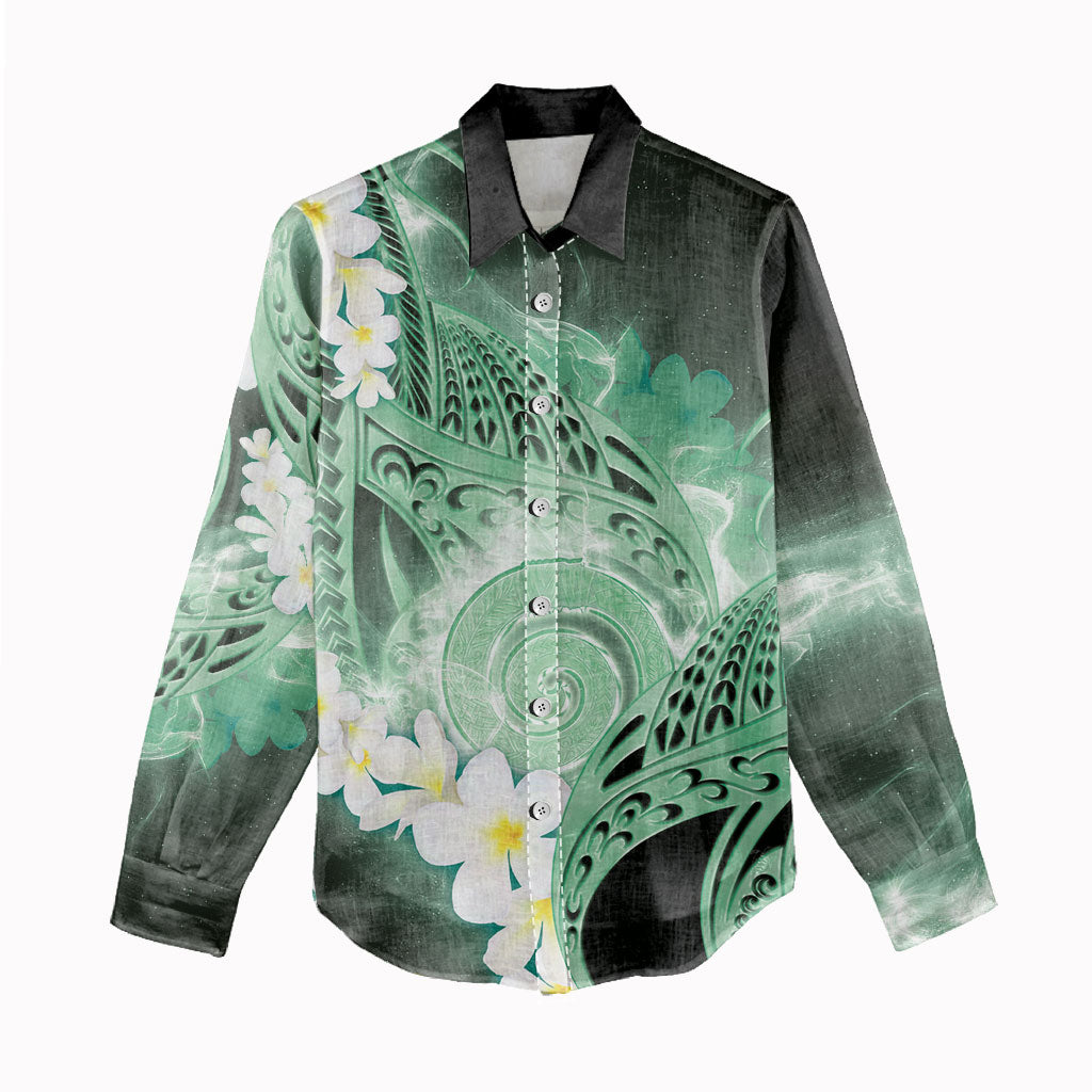 Piko Hawaiian Women Casual Shirt Green Galaxy Spiral Plumeria Tribal Patterns
