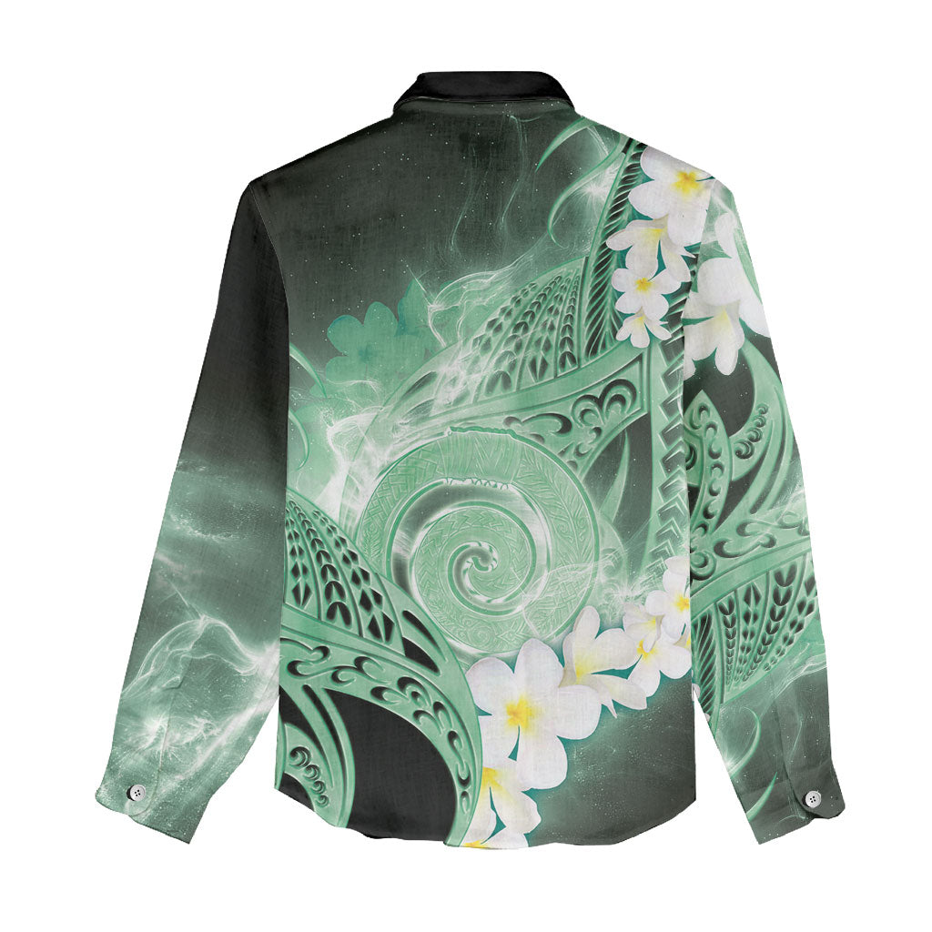 Piko Hawaiian Women Casual Shirt Green Galaxy Spiral Plumeria Tribal Patterns
