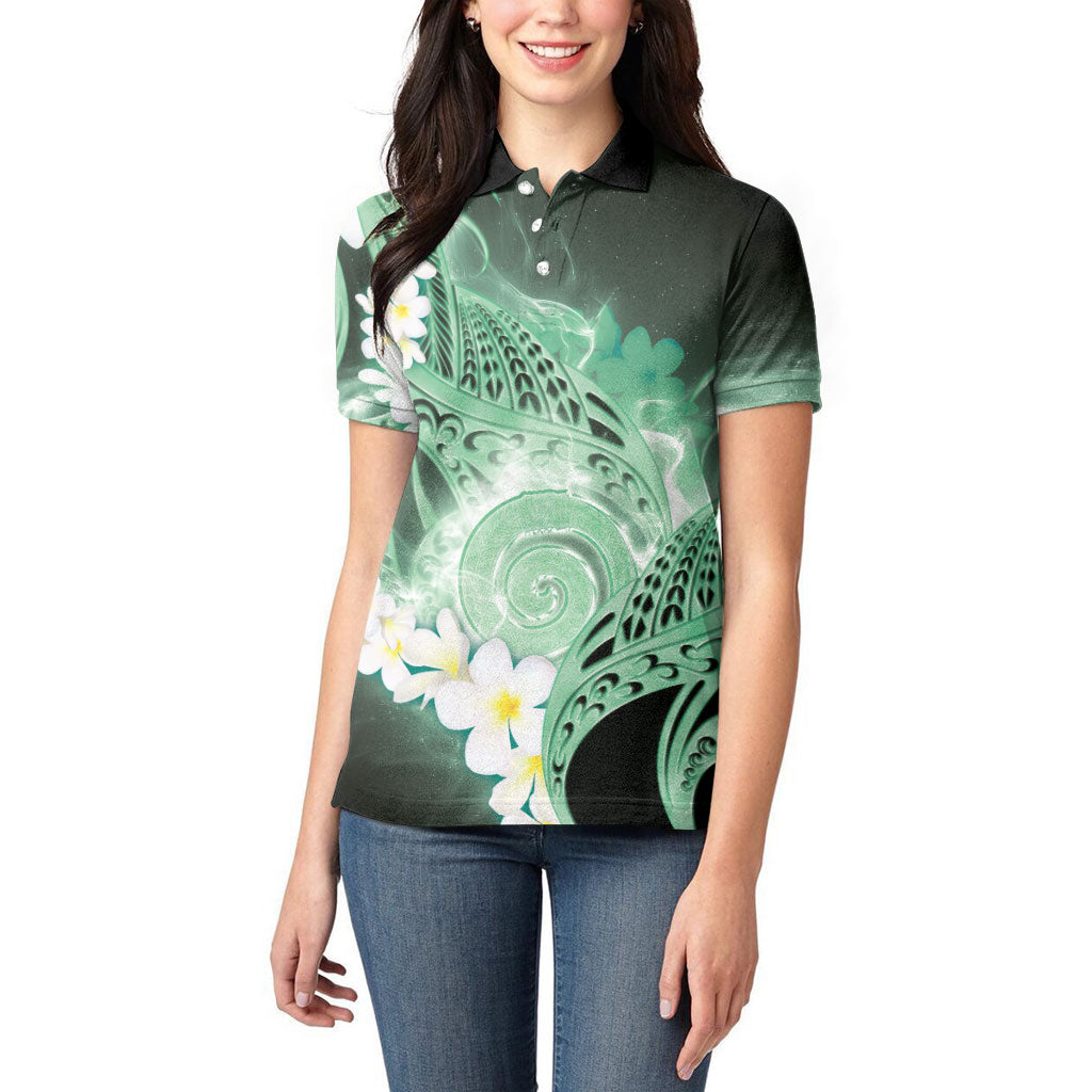 Piko Hawaiian Women Polo Shirt Green Galaxy Spiral Plumeria Tribal Patterns