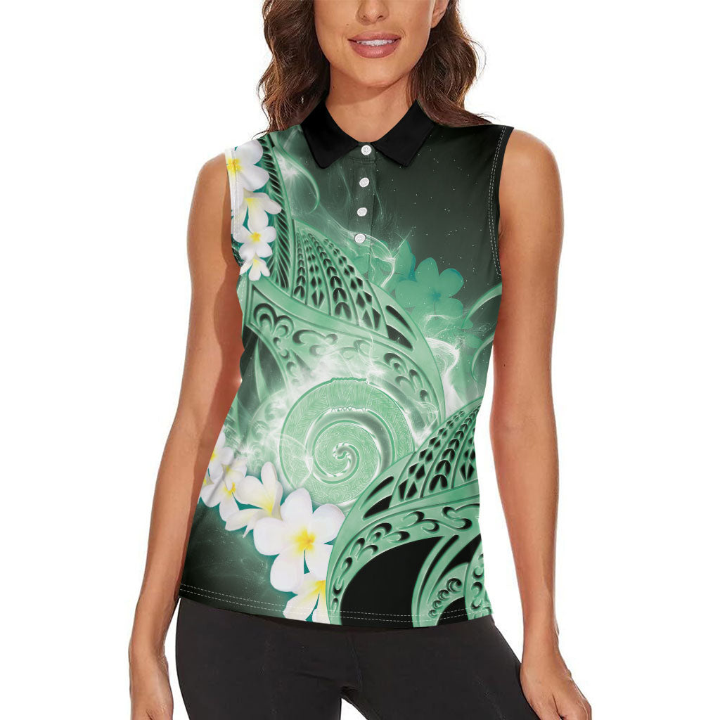 Piko Hawaiian Women Sleeveless Polo Shirt Green Galaxy Spiral Plumeria Tribal Patterns