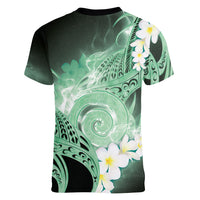 Piko Hawaiian Women V-Neck T-Shirt Green Galaxy Spiral Plumeria Tribal Patterns