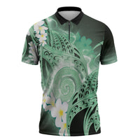 Piko Hawaiian Zipper Polo Shirt Green Galaxy Spiral Plumeria Tribal Patterns