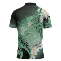 Piko Hawaiian Zipper Polo Shirt Green Galaxy Spiral Plumeria Tribal Patterns