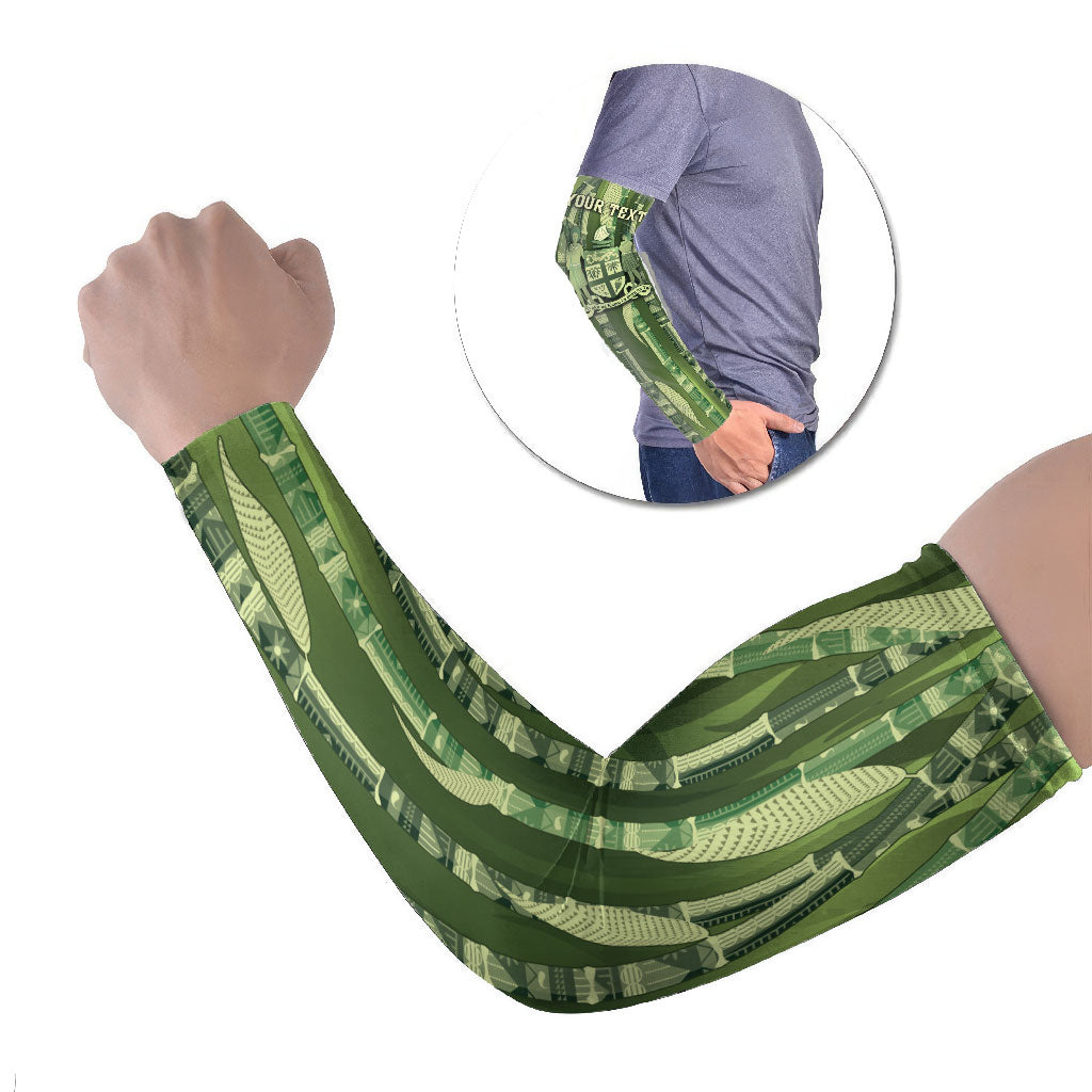 Personalised Fiji Language Week Sugarcane Masi Arm Sleeves Green Tapa Tribal Pattern